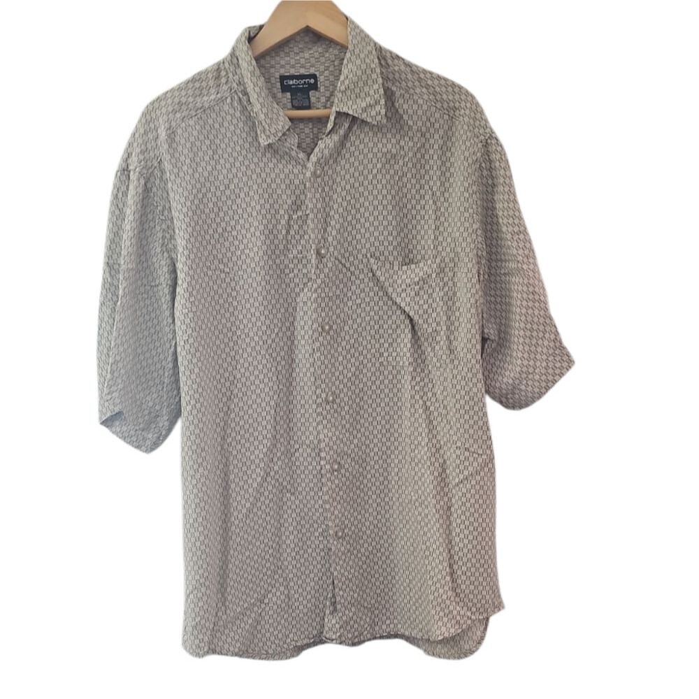 Liz Claiborne 100% Silk Shirt Men’s XL Short Sleeve Neutral Textured Button Up